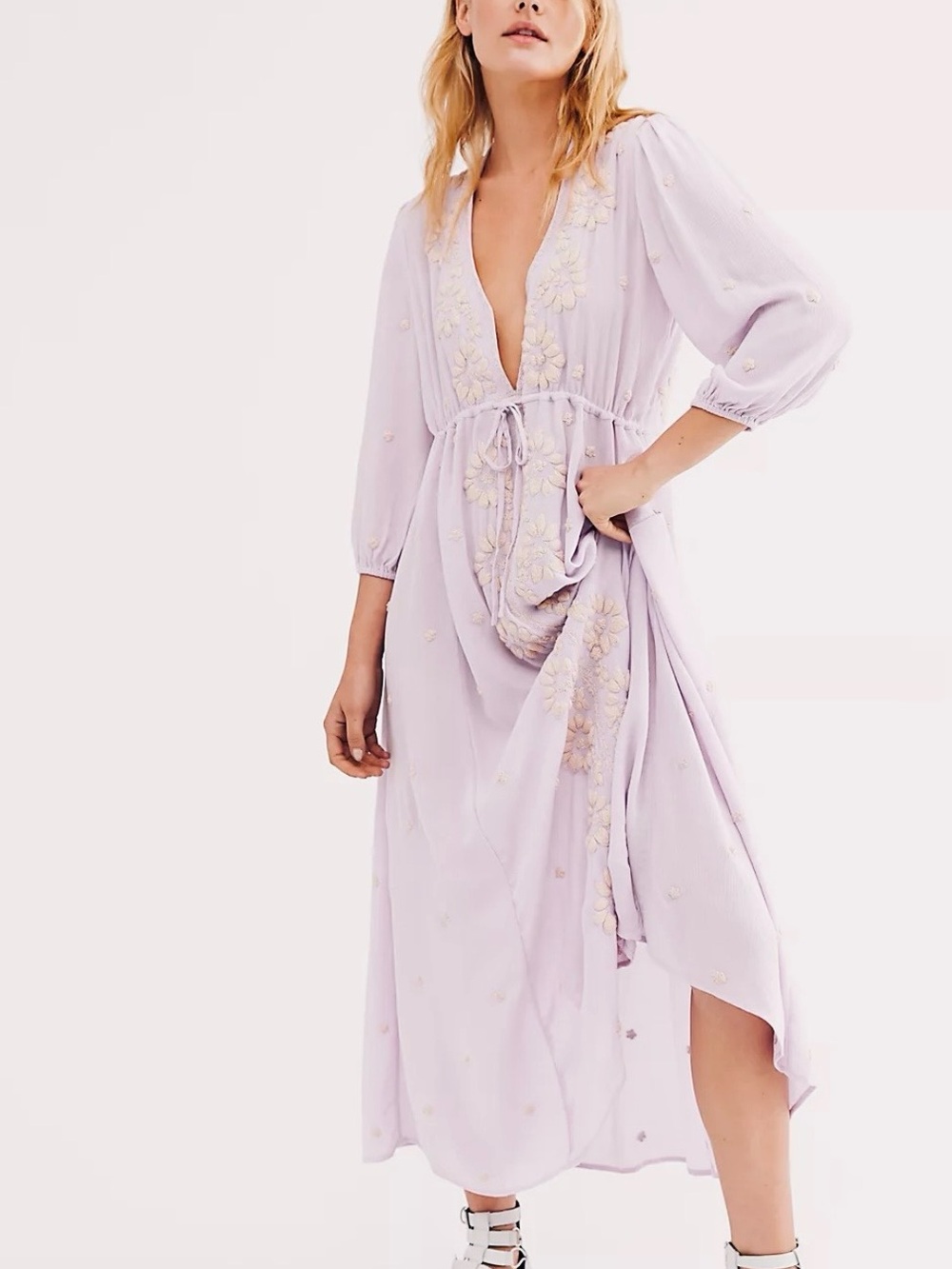 Free People Dove Grey Lavender Embroidered V-Neck Maxi Fable Dress